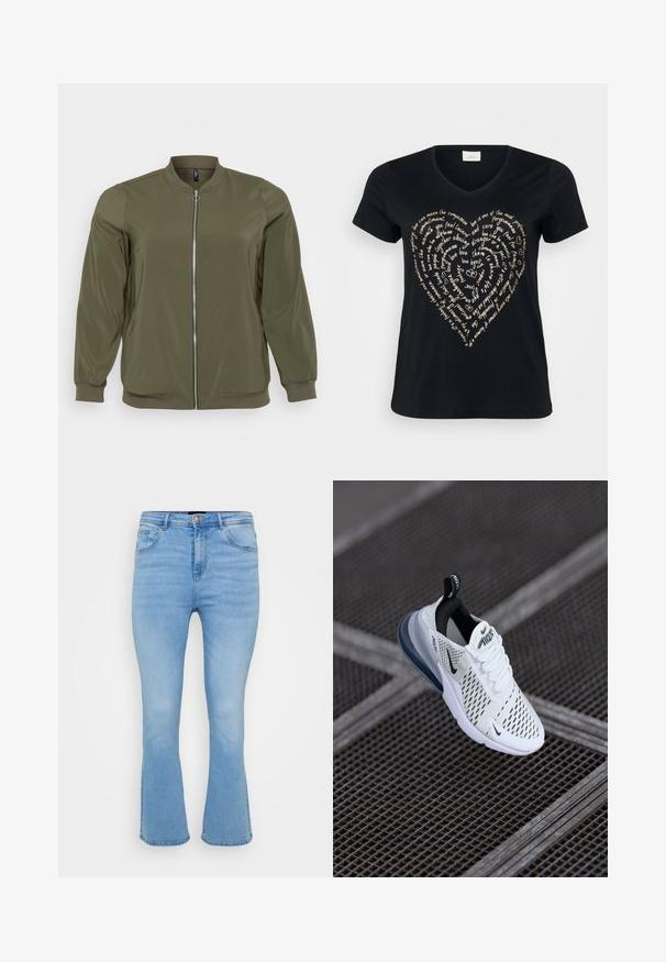Veste bomber vert olive en tissu lisse, avec une fermeture éclair à l'avant, des poignets côtelés et un col rond. Style simple et fonctionnel.; T-shirt noir à col en V avec un design de texte en forme de cœur en beige clair, comportant des mots sur l'amour, la compassion et l'engagement en écriture cursive.; Jean flare bleu clair en denim de coton. Caractéristiques : taille haute, cinq poches et coutures visibles le long des coutures et de l'ourlet.; Baskets blanches avec une tige en mesh, accents noirs et un coussin d'air visible dans la semelle. Elles présentent un design à laçage et une languette.