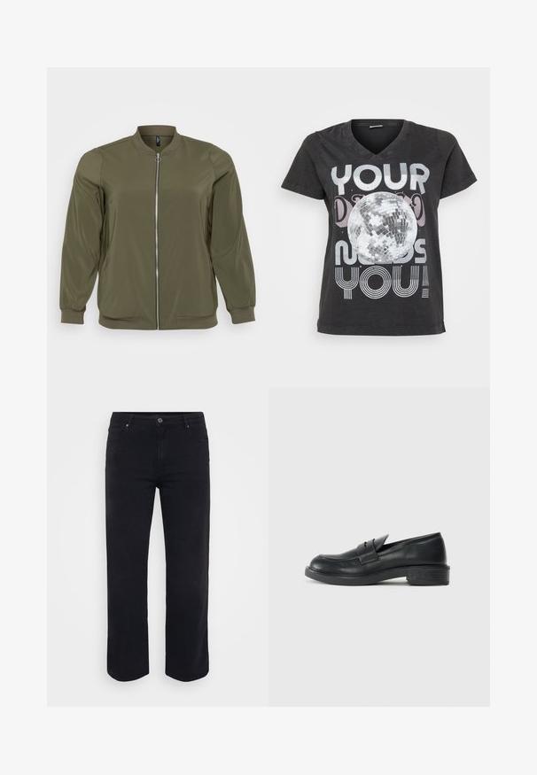 Ελαιώδης πράσινη bomber jacket κατασκευασμένη από μαλακό ύφασμα, με μπροστινό φερμουάρ, ριμπ μανσέτες και στρογγυλή λαιμόκοψη. Απλός και λειτουργικός σχεδιασμός.; Μαύρο βαμβακερό t-shirt με V-neck, κοντό μανίκι και γραφικό σχέδιο μιας ντισκομπάλας με κείμενο σε μεταλλικά και ριγέ γράμματα.; Μαύρο τζιν παντελόνι με ίσια γραμμή. Περιλαμβάνει κλείσιμο μέσης με κουμπί, θηλιές ζώνης και μπροστινές/πίσω τσέπες. Λείο υλικό.; Μαύρο δερμάτινο λουστρίνι με στρογγυλή μύτη, ραφές λεπτομερειών και μικρό τακούνι. Απαλή υφή και ευλύγιστη καουτσούκ σόλα.