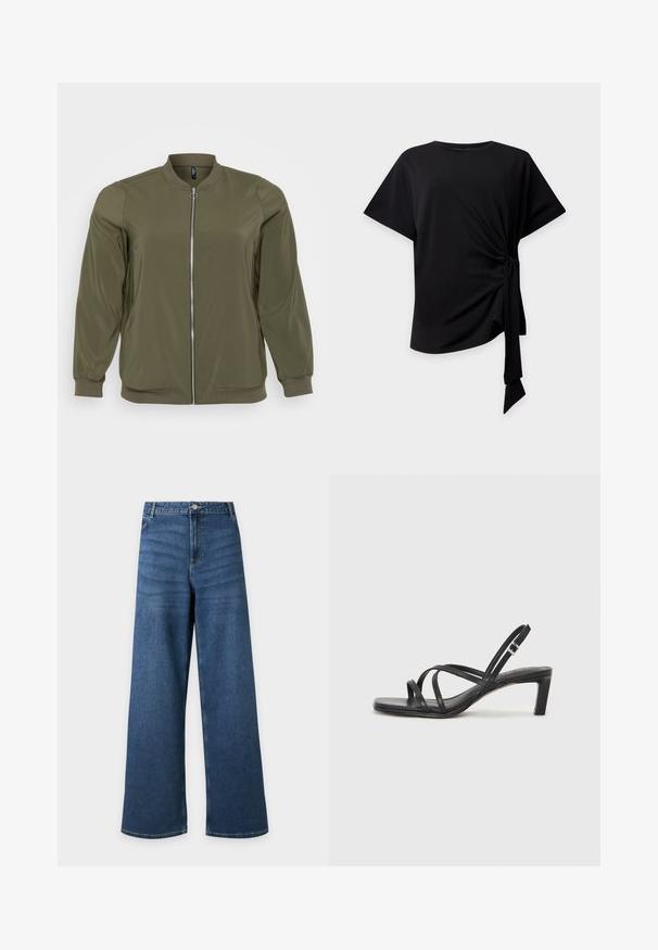 Ελαιώδης πράσινη bomber jacket κατασκευασμένη από μαλακό ύφασμα, με μπροστινό φερμουάρ, ριμπ μανσέτες και στρογγυλή λαιμόκοψη. Απλός και λειτουργικός σχεδιασμός.; Μαύρο κοντομάνικο τοπ με στρογγυλή λαιμόκοψη και κόμπο στο πλάι που δημιουργεί ρυτιδωμένο ύφασμα και κρεμαστή κορδέλα σε ανοιχτό φόντο.; Μπλε τζιν με φαρδύ πόδι, με κουμπί και φερμουάρ μπροστά, μπροστινές τσέπες και θηλιές για ζώνη, εμφανίζονται επίπεδα σε ανοιχτό φόντο.; Μαύρη σανδάλι με λουράκια και τετράγωνη μύτη, καθώς και χαμηλό μπλοκ τακούνι. Διαθέτει πολλαπλά λεπτά λουράκια και ρυθμιζόμενο λουράκι στον αστράγαλο. Κατασκευασμένο από λείο δέρμα.