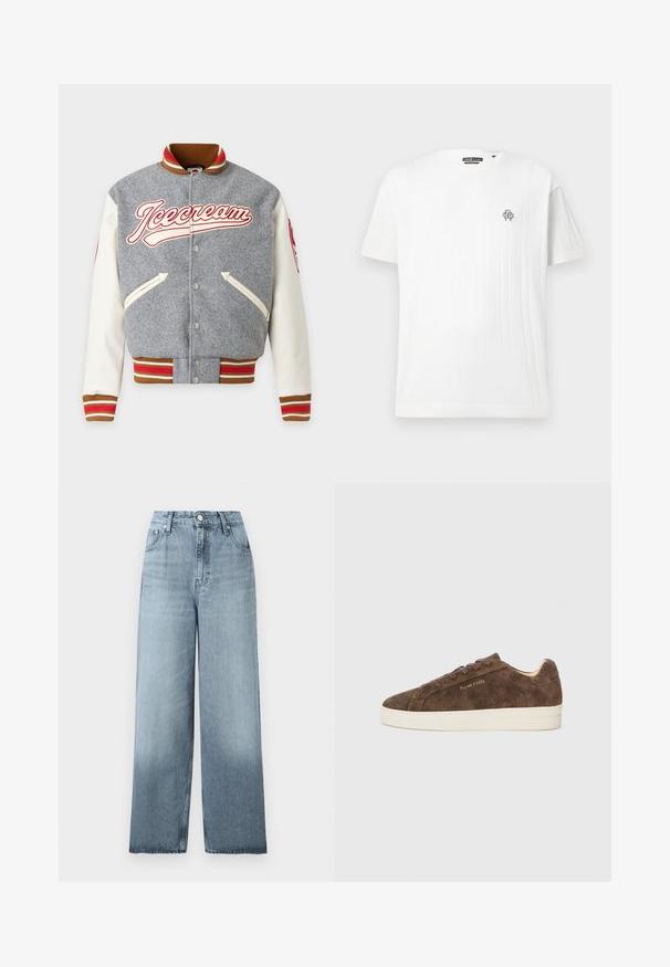 Veste varsity grise et blanche avec poignets et col rayés marron, rouge et blanc, poches avant, boutons pression et logo « Icecream » sur la poitrine.; T-shirt tricoté blanc à manches courtes avec un motif côtelé vertical sur le côté droit et un petit logo noir brodé sur la poitrine.; Jean bleu clair taille haute, jambes larges, avec fermeture à boutons et fermeture éclair, poches avant et passants pour ceinture sur un fond uni.; Baskets en daim marron avec une silhouette basse, un bout arrondi et une semelle en caoutchouc blanc. Elles présentent des lacets foncés et un logo discret sur le côté.