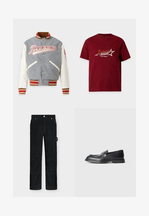 Veste varsity grise et blanche avec poignets et col rayés marron, rouge et blanc, poches avant, boutons pression et logo « Icecream » sur la poitrine.; T-shirt en coton rouge foncé à manches courtes avec le texte "Emporio Armani Music District" et un graphisme étoile sur la poitrine.; Pantalon en velours côtelé noir à jambes droites avec bouton devant, boucle de poche latérale et renforts aux genoux.; Mocassins en cuir noir avec une finition texturée, dotés d'une bride décorative à l'avant et d'un bout arrondi. Semelle en caoutchouc pour plus de durabilité.