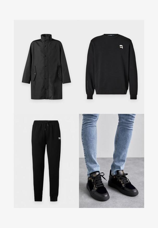 Schwarzer wasserdichter Mantel mit hohem Kragen, Druckknöpfen und Seitentaschen. Glattes Material mit lockerer, gerader Schnittführung.; Schwarzes Sweatshirt mit Rundhalsausschnitt, gerippten Bündchen und Saum. Verfügt über eine kleine Grafik auf der Brust und den Markennamen, der auf dem Ärmel gedruckt ist.; Schwarze Slim-Fit-Jogginghose mit elastischem Bund und Kordelzug, gesäumten Knöcheln und kleinem weißen "KARL LAGERFELD" Logo auf der rechten Hüfte.; Giuseppe Zanotti Sneaker low - navy