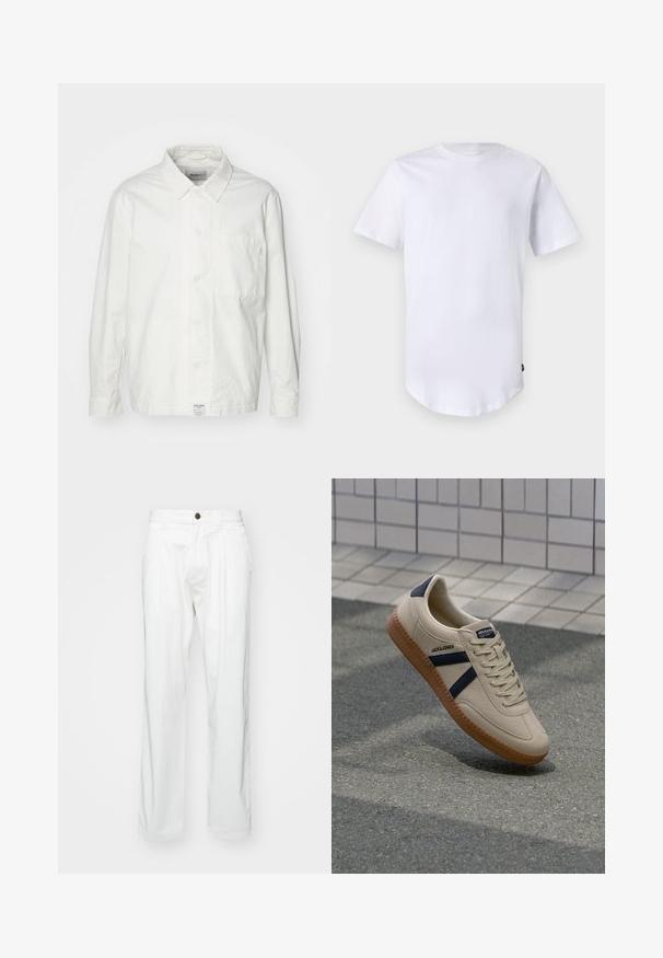 Chemise blanche à boutons en coton, dotée d'un col classique, de manches longues et d'une poche poitrine unique. Texture lisse, design simple.; T-shirt blanc à manches courtes en coton. Design à col rond avec un ourlet arrondi. Étiquette visible sur le côté inférieur gauche. Texture lisse.; Pantalons en coton blanc avec une coupe décontractée, dotés d'une fermeture à bouton, de deux plis à l'avant et de poches latérales. Texture lisse, sans motifs.; Baskets beiges avec une finition texturée, bandes navy et semelle en caoutchouc. Équipées d'une languette rembourrée et d'un système de laçage traditionnel pour un maintien sécurisé.