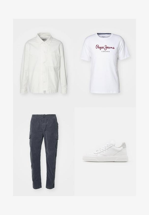 Weiße Button-Down-Hemd aus Baumwolle, mit klassischem Kragen, langen Ärmeln und einer Brusttasche. Glatte Textur, schlichtes Design.; Weißes Baumwoll-T-Shirt mit maroonfarbenem "Pepe Jeans"-Logo und dem Text "LONDON", Rundhalsausschnitt, kurze Ärmel und lässige Passform.; Dunkelgraue Cargo-Hosen mit elastischem Bund, Seitentaschen und einem weichen, strukturierten Stoff. Gerade Passform mit minimalen Details.; Weiße Leder-Sneaker mit glatter Oberfläche, rundem Zehenbereich, flachen Schnürsenkeln und strukturiertem Schuhsohlen. Graues Wildleder-Detail an der Ferse.