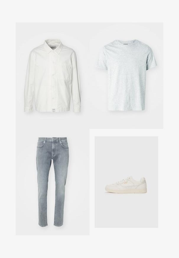 Camisa blanca de botones hecha de algodón, con cuello clásico, mangas largas y un bolsillo en el pecho. Textura suave, diseño sencillo.; Camiseta de manga corta gris claro, confeccionada en una tela suave, con cuello redondo y un corte ligeramente relajado. Sin patrones ni gráficos visibles.; Jeans de denim gris claro con un diseño de pierna recta, que cuentan con una cremallera, cinco bolsillos y un sutil desgastado en la parte frontal.; Zapatilla blanca de cuero con una textura suave, que presenta acentos perforados, cierre de cordones en la parte delantera y un sutil logotipo en dorado cerca del lateral.
