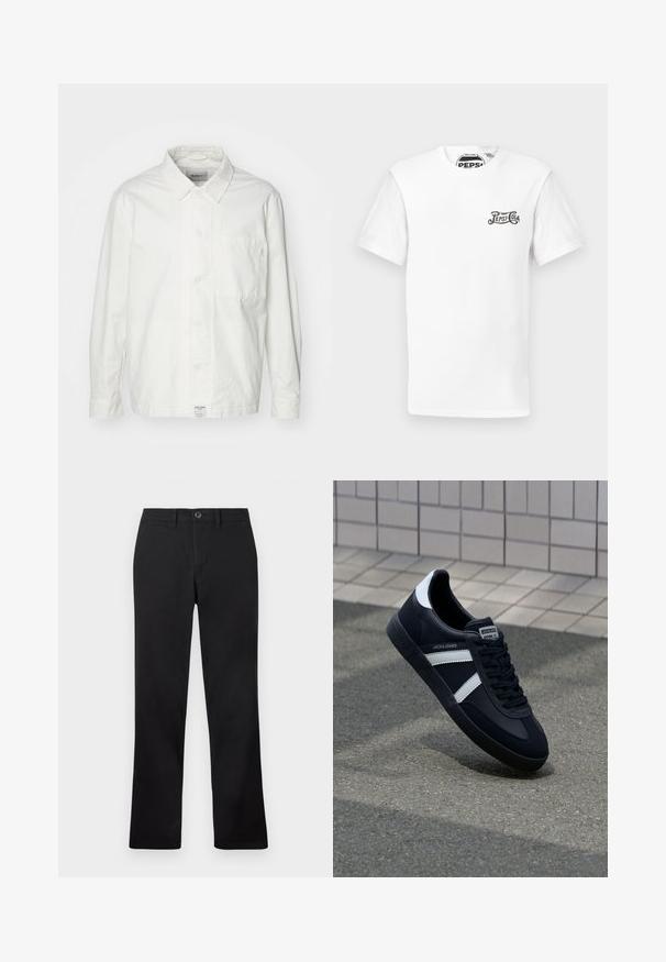 Witte overhem shirt van katoen, met een klassieke kraag, lange mouwen en een enkele borstzak. Glad oppervlak, eenvoudig ontwerp.; Wit T-shirt met korte mouwen en ronde hals, met een klein zwart "Pepsi-Cola" logo op de linkerkant van de borst en een merklabel in de nek.; Zwarte broek opgesteld tegen een witte achtergrond, met een recht model en een knoopsluiting in de taille.; Zwarte leren sneaker met witte strepen, een gestructureerde rubberen zool en vetersluiting aan de voorkant. Voorzien van een merklabel op de tong.