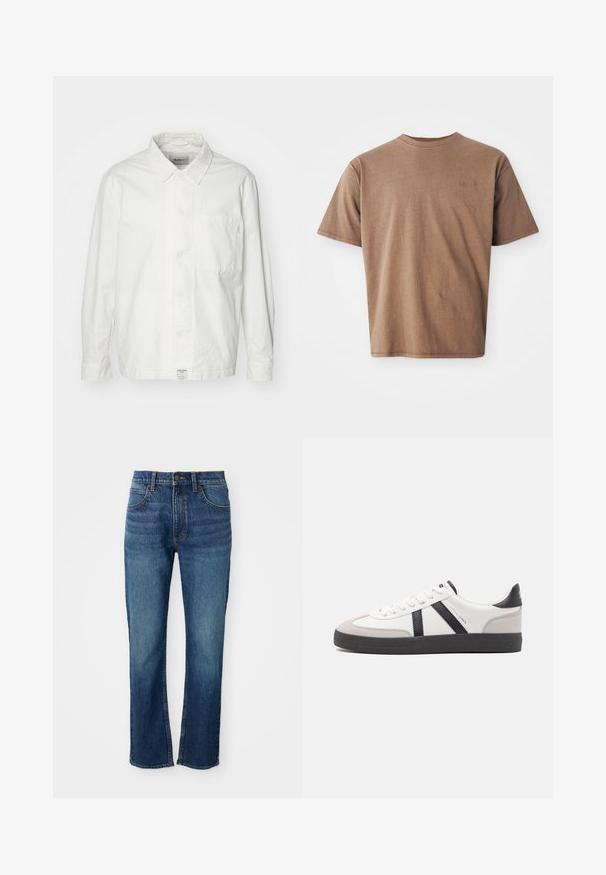 Witte overhem shirt van katoen, met een klassieke kraag, lange mouwen en een enkele borstzak. Glad oppervlak, eenvoudig ontwerp.; Bruine katoenen t-shirt met ronde hals, korte mouwen en een discreet geborduurd logo op de linkerborst. Soepele structuur, relaxte pasvorm.; Blauwe denim jeans met een rechte pijpdesign, voorzien van vijf zakken, een knoopsluiting en contrasterende gele stiksels. Gladde textuur.; Witte sneaker met zwarte en grijze accenten, voorzien van een grijze neus met textuur, zwarte rubberen zool en platte witte veters. Schoon ontwerp, minimalistische stijl.