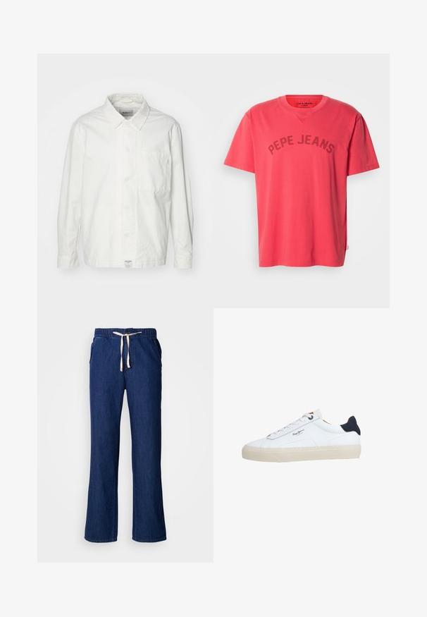 Weiße Button-Down-Hemd aus Baumwolle, mit klassischem Kragen, langen Ärmeln und einer Brusttasche. Glatte Textur, schlichtes Design.; Korallenfarbenes Baumwoll-T-Shirt mit kurzen Ärmeln und Rundhalsausschnitt. Mit dem Schriftzug "PEPE JEANS" in dunklen Buchstaben auf der Brust.; Dunkelblaue Jeanshose mit legerer Passform, elastischem Bund, Kordelzugverschluss und Seitentaschen. Glatte Textur und gerades Bein-Design.; Weißer Sneaker in niedriger Schnittform mit beiger Sohle, weißen Schnürsenkeln, schwarzem Fersenlasche und dem "Pepe Jeans London"-Logo an der Seite.
