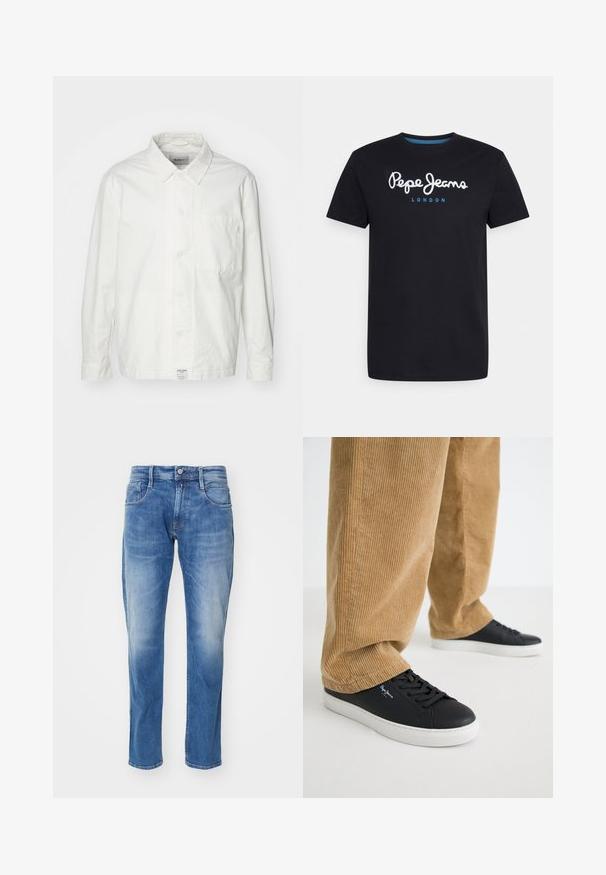 Hvid skjorte med knapper lavet af bomuld, med en klassisk krave, lange ærmer og en enkelt brystlomme. Glat tekstur, enkelt design.; Sort bomulds T-shirt med et hvidt skriftskriftlogo "Pepe Jeans" med en blå accent, rund hals og korte ærmer. Enkel, ensfarvet design.; Lys blå denim jeans med lige ben, fem-lomme design, subtil falmning, og en standart talje med knaplukning.; Sorte lædersneakers med hvide gummisåler. Båret med tanfarvede corduroybukser med vertikale ribber og en afslappet pasform.
