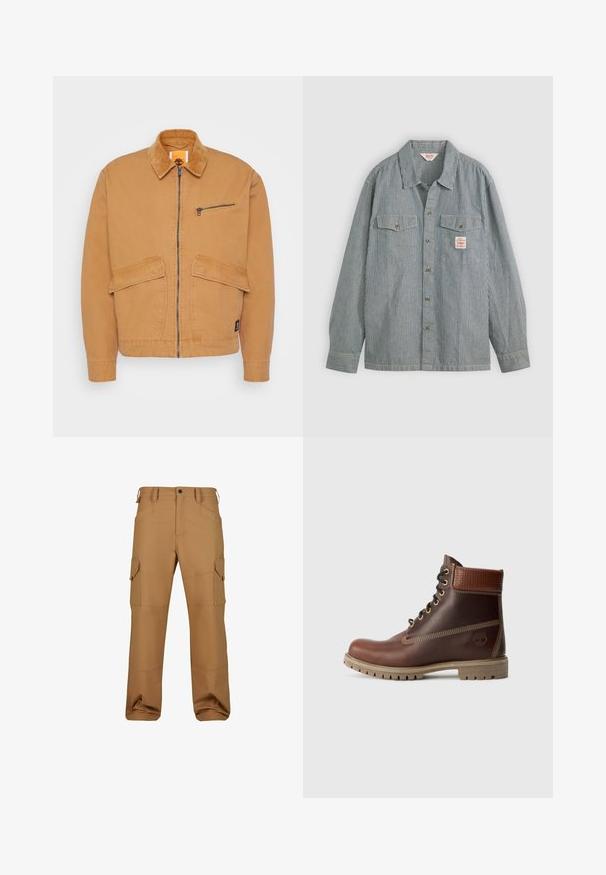 Veste beige avec un col en velours côtelé, fermeture éclair à l'avant et deux grandes poches. Comprend une petite poche poitrine zippée et un patch logo.; Chemise à boutons rayée en bleu et blanc, dotée d'un col, de deux poches poitrine et d'une petite étiquette. Fabriquée en tissu léger.; Pantalons cargo marron en tissu durable, dotés de plusieurs poches, d'une coupe décontractée et de détails de couture renforcée.; Bottine en cuir marron à lacets, avec un col rembourré, des coutures contrastées et une semelle robuste, vue de l'extérieur sur un fond blanc.