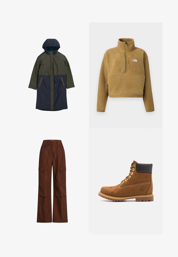 Langer, kapuzen föhn in Dunkelgrün und Marineblau, aus glattem Stoff gefertigt. Verfügt über Druckknöpfe und zwei Vordertaschen. Minimalistisches Design.; Beiger Fleece-Pullover mit halbhohem Reißverschlusskragen, Vordertasche und elastischem Saum; verfügt über eine weiche, strukturierte Oberfläche und ein weißes Logo-Detail.; Braune Cargo-Hose mit weitem Bein, mehreren Seitentaschen, hoher Taille und robuster Baumwolle mit glatter Textur.; Braune Wildleder-Stiefelette mit schwarzem gepolstertem Kragen, goldenen Ösen, Schnürung an der Vorderseite und Gummisohle mit strukturiertem Muster.