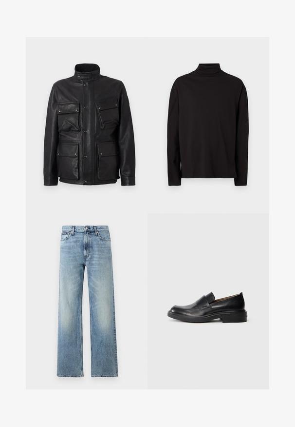 Must musta jope kõrge kraega, mitme ees oleva taskuga ja nupuga kinnitustega. Sile tekstuur ja struktureeritud disain.; Mustas turtleneck pikkade varrukatega topp, mis on valmistatud pehmest ja siledast kangast, millel on lõdva istuvus ja nähtamatud mustrid või aktsendid.; Hele sinise värviga sirge säärega teksapüksid kõrge vöökohaga, viie taskuga, nööpidega kinnitatavad ja õrnade plekidega reite ja põlvede piirkonnas.; Must musta kemppedista nahkasaapad madala kontsaga ja peene Calvin Kleini logoga küljel, näidatud profiilis valgel taustal.