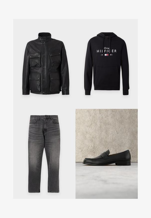 Must musta jope kõrge kraega, mitme ees oleva taskuga ja nupuga kinnitustega. Sile tekstuur ja struktureeritud disain.; Mustmust hoodie, mis pehmeast kangast, esiküljel tasku, nööriga kapuuts ja valge tekst "Tommy HILFIGER 1985" koos väikese logo aktsendiga.; Hallid teksapüksid sirge lõikega, millel on viis taskut, tõmblukk ja esiosas peened triibutused. Õmmeldud äär ja brändi logoga detail.; Mustast nahast mokassiinikujuline king hõljub beežika vaiba kohal, taga on läikiv pruun ümar laud.