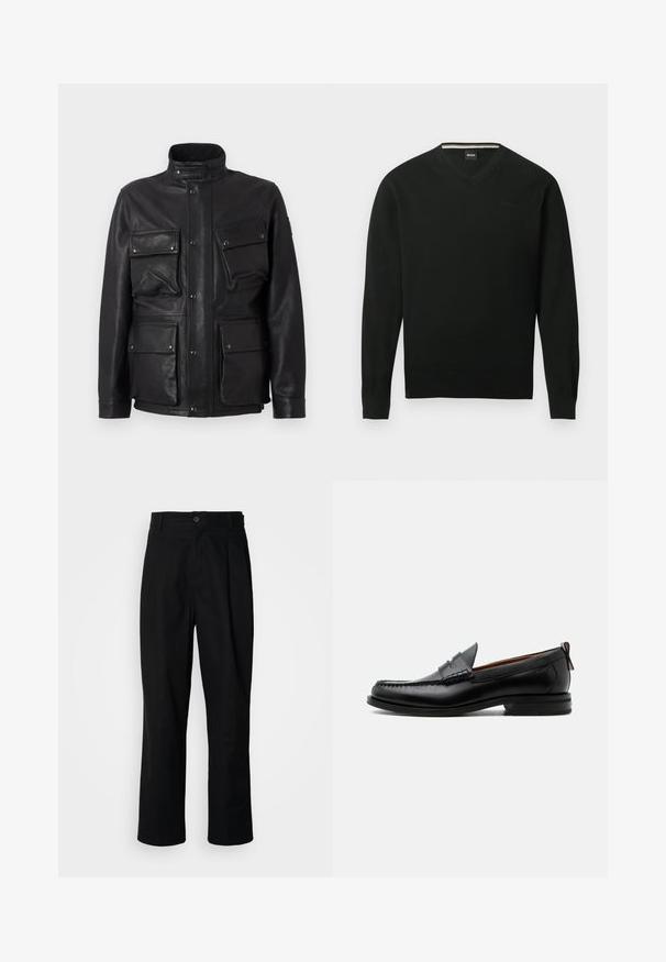 Schwarze Lederjacke mit hohem Kragen, mehreren Fronttaschen und Druckknopfverschlüssen. Glatte Textur und strukturiertes Design.; Schwarzer Pullover mit V-Ausschnitt und langen Ärmeln, mit gerippten Bündchen und Saum, mit dezentem "BOSS"-Logo auf der linken Brust.; Schwarze gerade geschnittene Hosen mit einem Knopfverschluss, Gürtelschlaufen und Vorderfalten, vor einem schlichten weißen Hintergrund präsentiert.; Schwarzer Leder-Herrenschuh mit Mokassinnaht, Penny-Riemen, strukturiertem Kragen und niedrigem gestapeltem Absatz auf weißem Hintergrund.