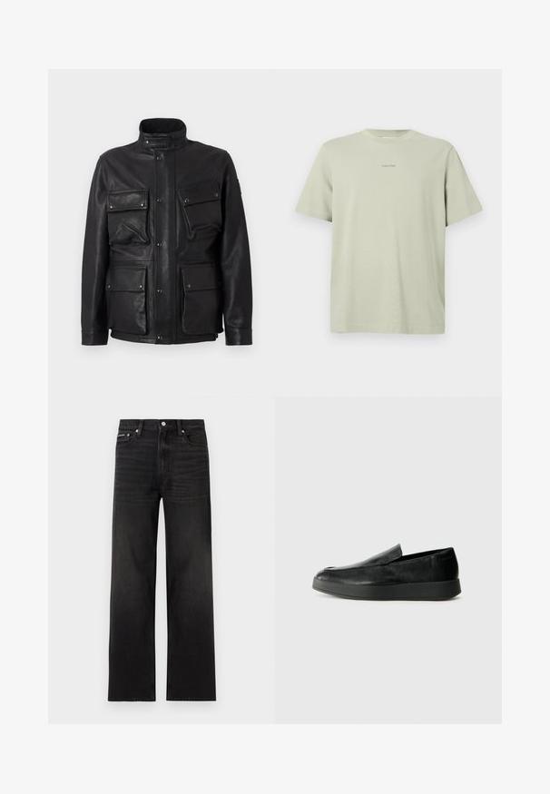 Sort læderjakke med høj krave, flere frontlommer og trykknaplukninger. Glat tekstur og struktureret design.; Lys grøn bomulds t-shirt med rund hals, korte ærmer og et lille Calvin Klein-logo i en mørkere nuance trykt på brystet.; Sorte jeans med lige ben, fem-lomme design, bæltestropper og knaplukning, vist på en hvid baggrund.; Calvin Klein HYBRID CUP - Loafers - triple black