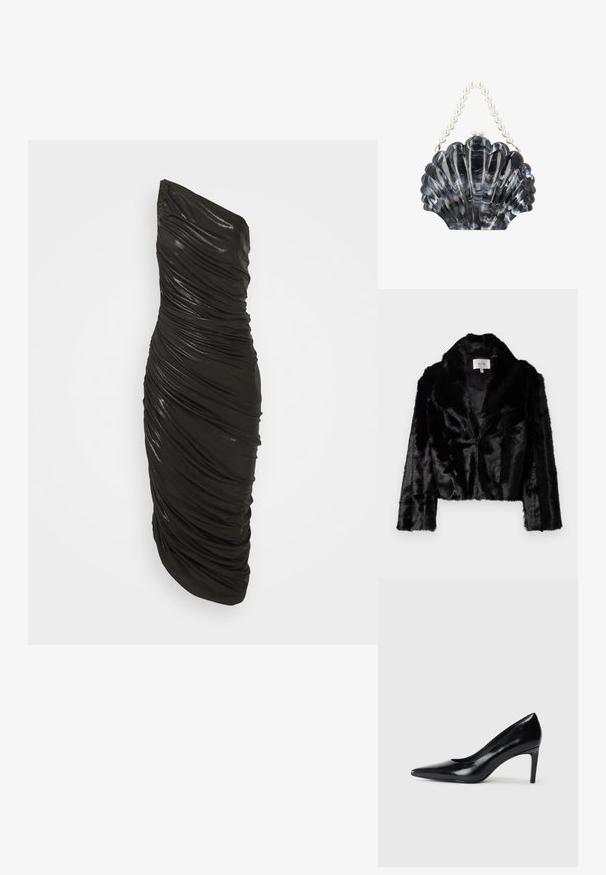 Sort faux fur cropped jakke med bred revers, blød tekstur og lange ærmer. Indvendigt foret med glat stof, mærke synligt.; Sort, en-skulder kjole lavet af et glinsende materiale. Har en samlet struktur og en tætsiddende silhuet, der når til midten af læggen.; Sort læder højhælede sko med spids tå, glat tekstur og en taperet hæl. Minimalistisk design uden yderligere udsmykninger.; Sort og grå marmoragtig skalsformet clutch med lukning og en håndtag lavet af store hvide perler.