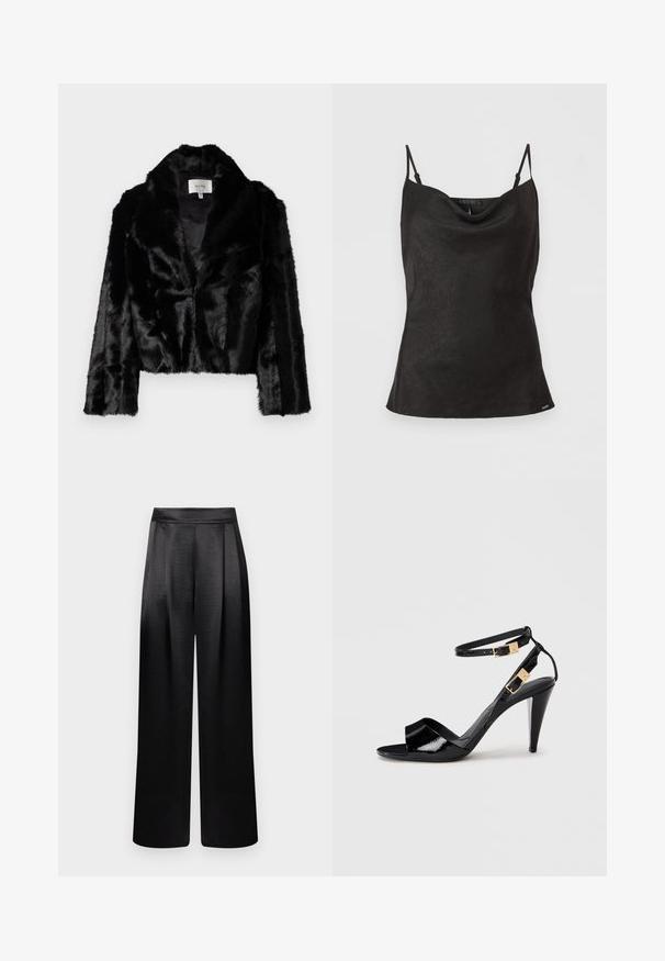 Sort faux fur cropped jakke med bred revers, blød tekstur og lange ærmer. Indvendigt foret med glat stof, mærke synligt.; Sort satin cami-top med justerbare stropper, halstørklignende halsudskæring og subtil geometrisk tekstur. Har små udsmykninger for detalje.; Bukser med vide ben i sort satin med en glat tekstur, der har plisseringer foran og høj talje, hvilket giver et struktureret, men flydende design.; Sorte patentlæder højhælede sandaler med dobbelte ankelremme og guldspænder, åben tå og slank taperet hæl på neutral baggrund.