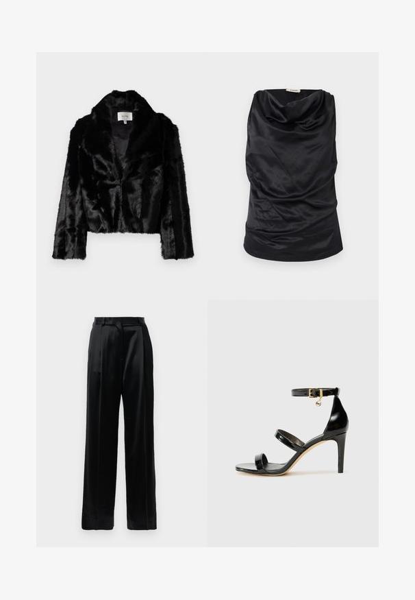 Sort faux fur cropped jakke med bred revers, blød tekstur og lange ærmer. Indvendigt foret med glat stof, mærke synligt.; Sort top med cowl-krave lavet af glat stof, med draperet design, blød tekstur og tætsiddende silhuet. Sømfri finish langs kanten.; Sorte satinbukser med høj talje, lige brede ben, bæltestropper og flad lukning på en ensfarvet hvid baggrund.; Sorte patenterede lædersandaler med tre stropper, ankelspænde og 10 cm stiletthæl. Har detaljer i guld og et logo charms.