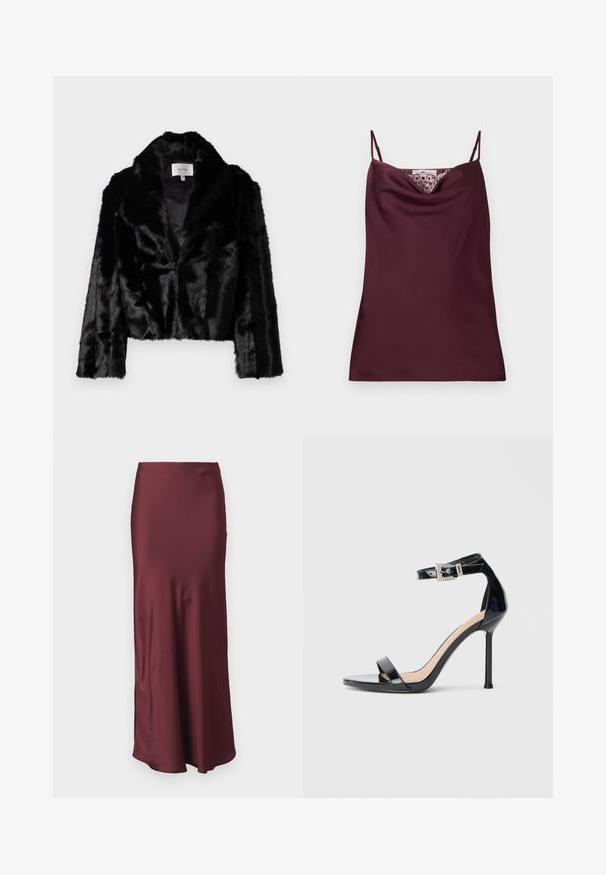 Sort faux fur cropped jakke med bred revers, blød tekstur og lange ærmer. Indvendigt foret med glat stof, mærke synligt.; Ærmeløs dyb burgundy satin camisole top med tynde justerbare stropper og blonder detaljer langs cowl-halsudskæringen.; Bourgogne satin maxiskør med en tætsiddende talje og svajet kant, der har en glat tekstur uden synlige mønstre eller forskønnelser.; Sort højhælet sandal i laklæder med ankelrem. Har minimalistisk design, åben tå og spænde med rhinsten-detaljer.