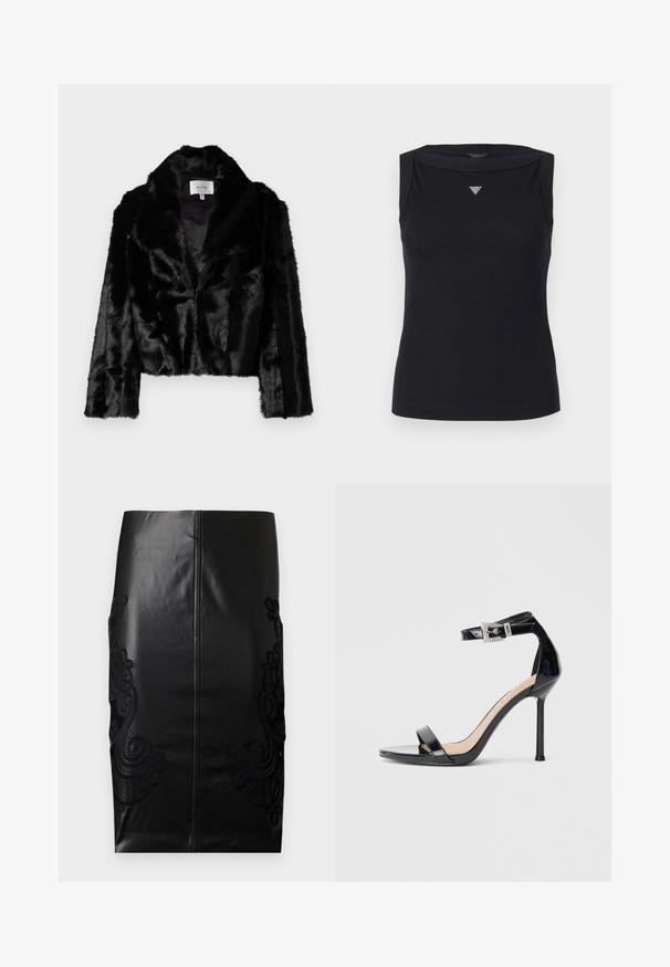 Sort faux fur cropped jakke med bred revers, blød tekstur og lange ærmer. Indvendigt foret med glat stof, mærke synligt.; Sort ærmeløs top lavet af bomuld, med bådudskæring og et lille krystal trekantlogo på brystet. Glat tekstur.; Sorte læder blyantskørt med intrikat sort blonderbroderi på siderne, sømløs ryg og glat tekstur. Klassisk pasform og silhuet.; Sort højhælet sandal i laklæder med ankelrem. Har minimalistisk design, åben tå og spænde med rhinsten-detaljer.