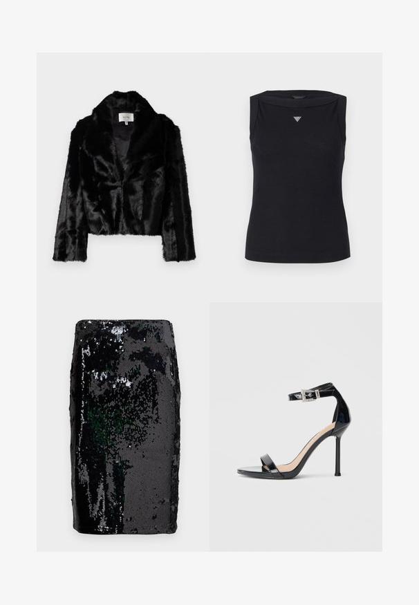 Čierna skrátená bunda z umelého kožucha so širokým golierom, mäkkou textúrou a dlhými rukávmi. Vo vnútri podšitá hladkým materiálom, viditeľná značka.; Čierny bezrukávový top vyrobený z bavlny, s lodičkovým výstrihom a malým kryštálovým trojuholníkovým logom na hrudi. Hladká textúra.; Čierna sukňa s flitrami s elegantným, priliehavým strihom. Povrch je pokrytý lesklými čiernymi flitrami, ktoré vytvárajú textúrovaný, reflexný vzhľad.; Čierna vysoká sandála z lakovanej kože s popruhom okolo členka. Vyznačuje sa minimalistickým dizajnom, otvorenou špičkou a prackou zdobenou trblietavými kamienkami.