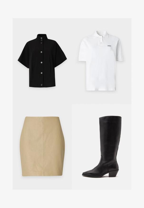 Veste noire à manches courtes avec un col haut, fermeture à boutons sur le devant et poches latérales. Fabriquée en tissu lisse et structuré avec un design minimaliste.; Poloshirt blanc en coton, avec un col classique, trois boutons et un petit logo noir sur la poitrine gauche. Manches courtes.; Mini-jupe en cuir beige avec un design ajusté, une texture lisse et une couture centrale qui descend verticalement dans le dos.; Botte en cuir noire mi-mollet avec un bout pointu et un talon bas incliné sur un fond clair uni.