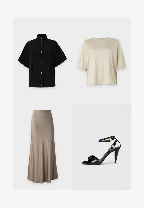 Veste noire à manches courtes avec un col haut, fermeture à boutons sur le devant et poches latérales. Fabriquée en tissu lisse et structuré avec un design minimaliste.; T-shirt à manches courtes, loose fit en beige clair, avec un col rond et une texture douce, fabriqué à partir d'un matériau léger et lisse.; Jupe longue en satin marron avec une texture lisse, présentant une silhouette fluide et un ourlet légèrement évasé. Aucun matériel visible ni motifs.; Sandale à talon haut en cuir verni noir avec double bride de cheville et boucles dorées, bout ouvert, et talon effilé sur fond neutre.