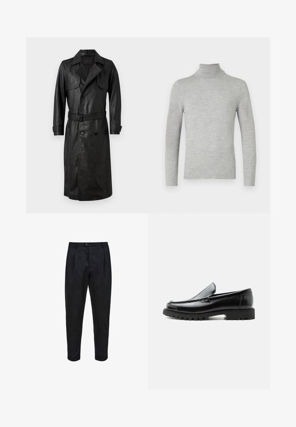 AllSaints NEO - Trench - black; Pull col roulé long à manches longues en gris clair avec une texture tricotée fine, présenté sur un fond blanc uni.; Pantalons noirs en tissu lisse, avec un devant plissé, une coupe fuselée et des ourlets roulés. Fermeture par bouton simple à la taille.; Mocassin en cuir noir avec semelle en caoutchouc épaisse, dessus cousu et nom de marque embossé sur le talon, présenté de profil sur fond blanc.