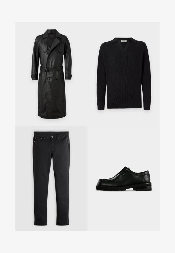 AllSaints NEO - Trench - black; Pull en tricot noir côtelé avec un col en V et un col court, featuring des manches longues et un design discret avec une seule poche sur la poitrine.; Jean en denim noir à coupe slim, doté d'un design classique à cinq poches, de ferrures métalliques et d'une texture lisse et mate.; Chaussure en cuir noir à lacets avec semelle épaisse en caoutchouc et couture moc toe, vue de profil gauche sur fond clair uni.