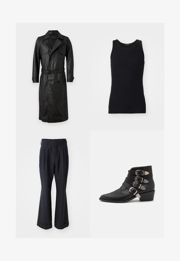 AllSaints NEO - Trench - black; Débardeur noir en matériau lisse et extensible. Doté d'un col rond et sans manches, avec une coupe ajustée et un design simple.; Pantalons noirs ajustés avec une coupe décontractée, devant plissé et jambes larges. Caractéristiques d'un ourlet à retournement et d'une texture de tissu lisse.; Bottines en cuir noir avec quatre boucles décoratives en argent, pointe effilée, et un talon empilé avec des détails cannelés au niveau du col.