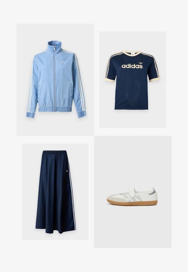 Light blue zip-up track jacket with white three-stripe detailing on sleeves and small embroidered logo on left chest.; Navy blue Adidas mesh short-sleeve shirt with cream trim, three cream stripes on sleeves, and Adidas logo on chest.; Navy blue maxi skirt with elastic waistband, two white side stripes, and a small white Adidas logo on the left side.; White sneaker with silver stripes, suede toe cap, and velcro strap. Textured gum rubber sole. Minimalist design with smooth finish.