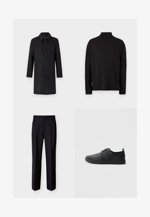 Manteau en laine noire avec un col cranté, des manches longues et des poches latérales. Le design est droit, avec une fermeture boutonnée à l'avant.; Haut à col roulé noir à manches longues en tissu doux et lisse, avec une coupe décontractée et sans motifs ni accents visibles.; Pantalon noir ajusté à coupe droite, avec un devant plissé et des poches latérales. Confectionné dans un tissu lisse et léger à motif uni.; Baskets en cuir noir avec une finition lisse, bout arrondi, coutures ton sur ton, devant à lacets et semelle plate en caoutchouc. Anse au talon.