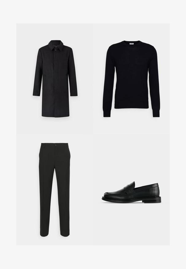 Manteau en laine noire avec un col cranté, des manches longues et des poches latérales. Le design est droit, avec une fermeture boutonnée à l'avant.; Pull noir à manches longues en tricot doux. Encolure ronde, poignets et ourlet côtelés. Design minimaliste sans motifs ni boutons visibles.; Pantalons noirs ajustés à coupe droite, dotés d'une fermeture à un bouton et de passants de ceinture. Tissu lisse, mat et sans motifs.; Mocassin penny pour homme en cuir noir avec talon bas empilé et bout arrondi, vu de profil sur fond gris clair.