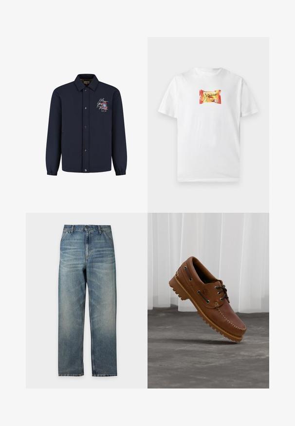 Marineblauwe knoopjacks met kraag, elastische manchetten en geborduurde tekst "Clear Your Mind" met bloemdesign op de linkerborst.; Wit T-shirt met korte mouwen met een kleine kleurrijke afbeelding van een snackverpakking met vetgedrukte tekst en groene erwten in het midden van de borst.; Blauwe straight-leg spijkerbroek met vervaagde details en klassiek ontwerp met vijf zakken tegen een lichte achtergrond.; Bruine leren bootschoen met zwarte veters, beige stiksel en een robuuste zool, zwevend boven een grijze betonnen vloer.
