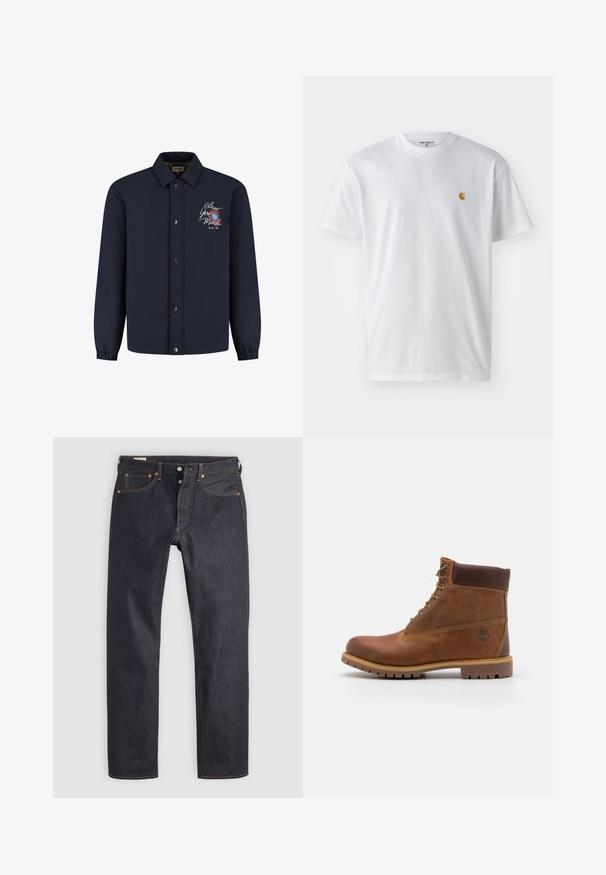 Chaqueta azul marino con botones y cuello, puños elásticos y texto bordado "Clear Your Mind" con diseño floral en el lado izquierdo del pecho.; Camiseta de algodón blanca con mangas cortas, cuello redondo, que presenta un pequeño logo dorado en la parte izquierda del pecho. Textura suave y corte regular.; Vaqueros de mezclilla azul oscuro con diseño de pierna recta, con costuras naranjas y estilo clásico de cinco bolsillos. Cierre de botón y cremallera.; Botas de senderismo de cuero marrón con un acabado suave, tobillo acolchado, ojales de metal y suela de goma con un patrón de tracción robusto.