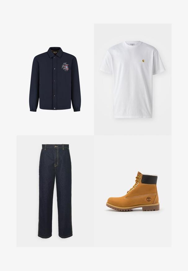 Chaqueta azul marino con botones y cuello, puños elásticos y texto bordado "Clear Your Mind" con diseño floral en el lado izquierdo del pecho.; Camiseta de algodón blanca con mangas cortas, cuello redondo, que presenta un pequeño logo dorado en la parte izquierda del pecho. Textura suave y corte regular.; Jeans de mezclilla oscuros de pierna ancha con costuras amarillas, que cuentan con un cierre frontal de botón y bolsillos laterales. Textura suave y diseño tradicional.; Botín de cuero marrón con ojales de metal, forro de piel sintética blanca, cuello acolchado negro, suela resistente y logotipo en relieve en el costado.