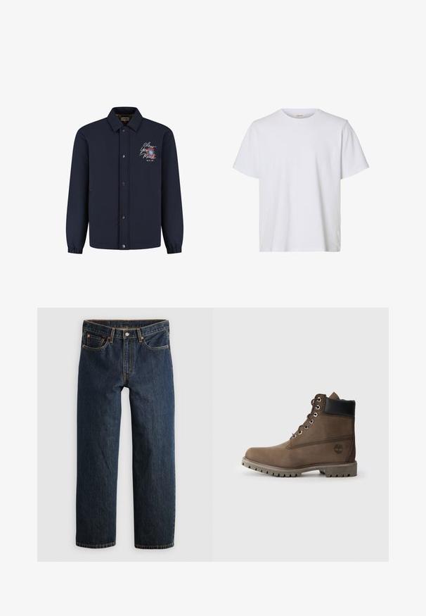 Marineblå knapjakke med krave, elastiske manchetter og broderet tekst "Clear Your Mind" med blomstermotiv på venstre bryst.; Enkelt hvid kortærmet T-shirt med rund hals, almindelig pasform og glat stofstruktur, vist på en hvid baggrund.; Mørkeblå denimjeans med en lige ben-snit. Har fem lommer, kontrastsyning og knaplukning i taljen.; Brune læder ankelstøvle med sort krave, metaløjer og slidstærk grå sål. Har logo på siden og syet detaljer.