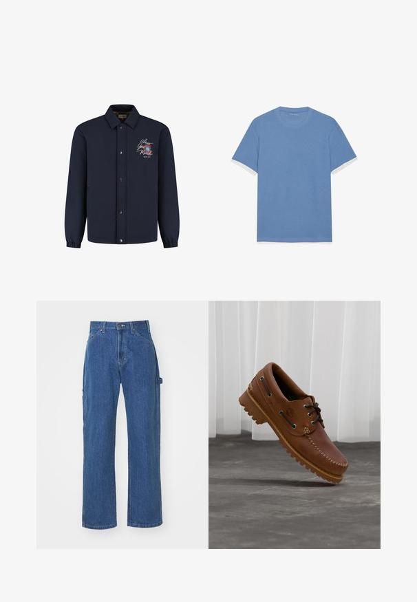 Chaqueta azul marino con botones y cuello, puños elásticos y texto bordado "Clear Your Mind" con diseño floral en el lado izquierdo del pecho.; Camiseta de manga corta azul claro con un tejido texturizado. Detalles en blanco en los dobladillos de las mangas. Cuello redondo y un corte relajado.; Jeans de mezclilla azul en un corte relajado con pierna recta, que cuentan con bolsillos delanteros y traseros y un cierre de botón en la cintura.; Zapato náutico de cuero marrón con cordones negros, costuras beige y una suela resistente, suspendido sobre un suelo de hormigón gris.