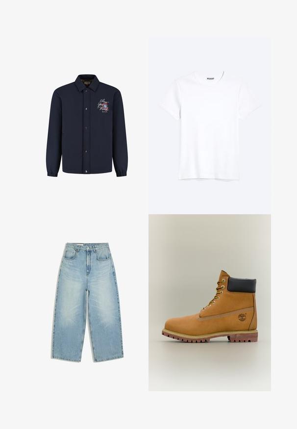 Marineblå knapjakke med krave, elastiske manchetter og broderet tekst "Clear Your Mind" med blomstermotiv på venstre bryst.; Enkelt hvid T-shirt med korte ærmer og rund hals med synligt WEEKDAY-mærke i kraven, vist på en lys baggrund.; Lyseblå højttaljede denimjeans med vide ben, forlommer, bæltestropper samt knap- og lynlås lukning.; Brun læderankelstøvle med sort krave, gule snørebånd og tanfarvet sål. Har logo og hvide syninger som detalje. Robust ydersål med greb.