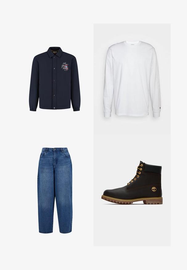 Marineblauwe knoopjacks met kraag, elastische manchetten en geborduurde tekst "Clear Your Mind" met bloemdesign op de linkerborst.; Witte lange mouwen T-shirt van katoen. Ronde hals ontwerp met ribgebreide manchetten en een klein logo op de linkermouw. Gladde textuur.; Hoge taille, rechte jeans in middelblauwe denim. Bevat een vijf-pocket ontwerp, metalen knoopsluiting en dubbel gestikte zoom.; Zwarte leren enkellaars met gouden oogjes, bruine accenten en een rubberen zool. Heeft een gevoerde kraag en geperst logo aan de zijkant.