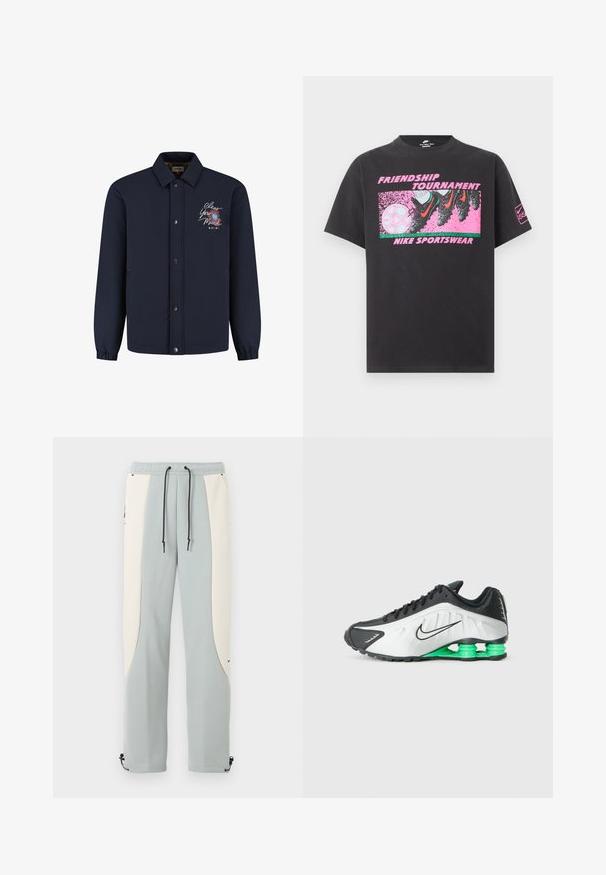 Chaqueta azul marino con botones y cuello, puños elásticos y texto bordado "Clear Your Mind" con diseño floral en el lado izquierdo del pecho.; Camiseta negra de Nike con gráfico rosa de tacos pateando un balón de fútbol, texto "Torneo de Amistad" y "Nike Sportswear" en el frente.; Pantalones deportivos de pierna recta en azul claro y blanco roto, con cordones ajustables negros y reguladores en los tobillos.; Zapatilla deportiva en blanco y negro con detalles en verde, que presenta un diseño elegante, parte superior texturizada y una suela segmentada distintiva.
