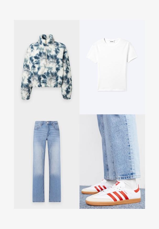 Pull en polaire bleu et blanc avec motif tie-dye, col montant, zip quart et design court. Texture douce avec une coupe boxy.; T-shirt blanc uni à manches courtes et col rond avec une petite étiquette "WEEKDAY" à l'intérieur de l'encolure, présenté à plat sur un fond clair.; Jean en denim bleu clair avec une coupe droite, présentant un délavage aux extrémités et un style classique à cinq poches.; Baskets en cuir blanc avec des rayures et des accents rouges. Dotées d'une semelle extérieure en gomme texturée et d'un col rembourré. Portées avec un jean en denim bleu clair.