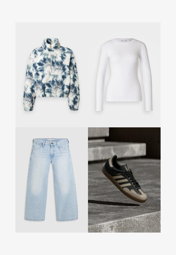 Πουλόβερ fleece σε μπλε και λευκό tie-dye σχέδιο με ψηλό γιακά, φερμουάρ ενός τετάρτου και κοντή σχεδίαση. Μαλακή υφή με τετράγωνη εφαρμογή.; Λευκό πουκάμισο με μακριά μανίκια φτιαγμένο από ριμπ ύφασμα, διαθέτοντας στρογγυλή λαιμόκοψη και εφαρμοστή γραμμή. Δεν υπάρχουν σχέδια ή διακοσμητικά στοιχεία.; Ανοιχτού μπλε φαρδιά τζιν παντελόνια κατασκευασμένα από τζην ύφασμα. Διαθέτουν ίσια κοπή, πέντε τσέπες και κλείσιμο με κουμπί στη μέση.; Μαύρο και μπεζ δερμάτινο αθλητικό παπούτσι με τρεις λευκές ρίγες, καφέ λαστιχένια σόλα, και χρυσές λεπτομέρειες "Samba" στο πλάι.
