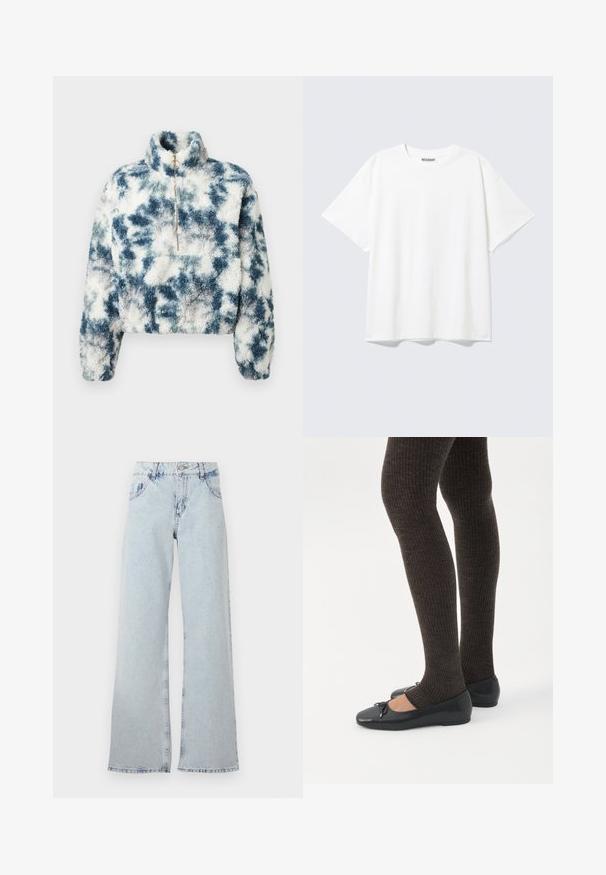 Pull en polaire bleu et blanc avec motif tie-dye, col montant, zip quart et design court. Texture douce avec une coupe boxy.; T-shirt blanc à manches courtes, col rond, coupe décontractée et étiquette "WEEKDAY" à l’intérieur du dos du col.; Jeans large bleu clair en denim, avec une taille haute, des passants de ceinture, cinq poches et des zones décolorées pour un aspect vintage.; Jambes portant des leggings côtelés foncés associés à des ballerines noires avec de petits détails en nœud sur fond blanc.