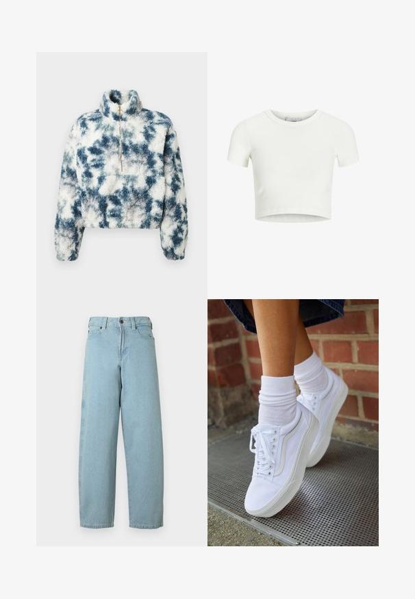 Πουλόβερ fleece σε μπλε και λευκό tie-dye σχέδιο με ψηλό γιακά, φερμουάρ ενός τετάρτου και κοντή σχεδίαση. Μαλακή υφή με τετράγωνη εφαρμογή.; Λευκό, κοντομάνικο μπλουζάκι φτιαγμένο από ριπ ύφασμα. Διαθέτει στρογγυλή λαιμόκοψη και κοντά μανίκια. Λείο ύφασμα με εφαρμοστή γραμμή.; Τζιν παντελόνι από ανοιχτό μπλε ντένιμ με άνετη εφαρμογή, ίσια πόδια, σχεδιασμό με πέντε τσέπες και μεταλλικό κουμπί στη ζώνη μέσης.; Λευκά καμβά παπούτσια με καουτσούκ σόλες, που διαθέτουν έξι τρυπούλες, στρογγυλή μύτη και λεπτομέρειες από ελαφριά ραφή, σε συνδυασμό με λευκές κάλτσες μέχρι τον αστράγαλο.