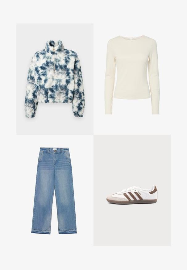 Πουλόβερ fleece σε μπλε και λευκό tie-dye σχέδιο με ψηλό γιακά, φερμουάρ ενός τετάρτου και κοντή σχεδίαση. Μαλακή υφή με τετράγωνη εφαρμογή.; Κρεμ χρώματος, μακρυμάνικη, εφαρμοστή γυναικεία μπλούζα με στρογγυλή λαιμόκοψη και λεία υφή, εκτεθειμένη σε λευκό φόντο.; Ανοιχτό μπλε ψηλόμεσα παντελόνα με φαρδιά πόδια, κλείσιμο με κουμπί, μπροστινές τσέπες, θηλάκια ζώνης και διακριτική φθορά.; Λευκό αθλητικό παπούτσι Adidas Samba με καφέ σουέντ ρίγες, καφέ λαστιχένια σόλα και μπεζ καπάκι δακτύλου από σουέντ, εμφανιζόμενο από την εξωτερική πλευρά σε απλό φόντο.