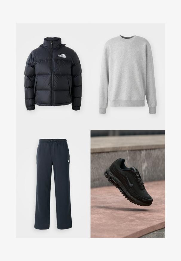 Čierna prešívaná bunda s uzáverom na zips, vypchanými časťami, vysokým golierom a logom The North Face na ľavom hornom rohu. Hladká textúra, bez viditeľných vzorov.; Sivá mikina vyrobená z mäkkého materiálu, má okrúhly výstrih, rebrované manžety a lemovanie, s decentným logom na prednej strane.; Tmavomodré tepláky s elastickým pásom a šnúrkou. Vyrobené z mäkkej látky, s malým bielym logom na ľavom boku.; Čierna športová obuv Nike Air Max zavesená nad kamenným povrchom s rozmazaným kamenným pozadím.