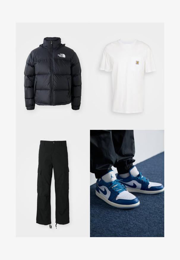 Schwarze Pufferjacke mit Reißverschluss, gepolsterten Abschnitten, hohem Kragen und dem The North Face-Logo in der oberen linken Ecke. Glatte Textur, keine sichtbaren Muster.; Weißes Baumwoll-T-Shirt mit kurzen Ärmeln, einer Brusttasche und einem kleinen quadratischen Logopatch in Orange und Weiß auf der Tasche.; Schwarze Cargo-Hosen aus strapazierfähigem Material, mit zwei Seitentaschen, einem Knopfverschluss und verstellbaren Säumen für eine lockere, relaxten Passform.; Die Nike Air Jordan Sneakers verfügen über eine weiße Lederbasis mit blauen synthetischen Akzenten, einer perforierten Zehenbox und blauen Schnürsenkeln.