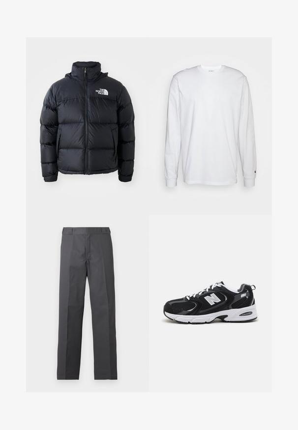 Čierna prešívaná bunda s uzáverom na zips, vypchanými časťami, vysokým golierom a logom The North Face na ľavom hornom rohu. Hladká textúra, bez viditeľných vzorov.; Biela dlhá bavlnená tričko s dlhým rukávom. Dizajn s okrúhlym výstrihom a rebrovanými manžetami, malá nášivka na ľavom rukáve. Hladká textura.; Tmavosivé nohavice s rovnými nohavicami, s plochým predným dielom a bez viditeľných vreciek, zobrazené na jednoduchom bielom pozadí.; Čierne a šedé športové topánky s hornou časťou z mikrovlákna a zamatu, s bielou medzipodrážkou, šnúrkami a výrazným logom "N" na boku.