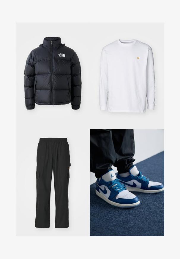 Schwarze Pufferjacke mit Reißverschluss, gepolsterten Abschnitten, hohem Kragen und dem The North Face-Logo in der oberen linken Ecke. Glatte Textur, keine sichtbaren Muster.; Weißes Langarm-T-Shirt aus Baumwolle. Mit kleinem goldenem Logo auf der Brust und Rundhalsausschnitt. Einfaches Design und normale Passform.; Schwarze Cargo-Hosen aus leichtem Stoff, mit zwei seitlichen Taschen, einem elastischen Taillenbund und einer lockeren Passform.; Die Nike Air Jordan Sneakers verfügen über eine weiße Lederbasis mit blauen synthetischen Akzenten, einer perforierten Zehenbox und blauen Schnürsenkeln.
